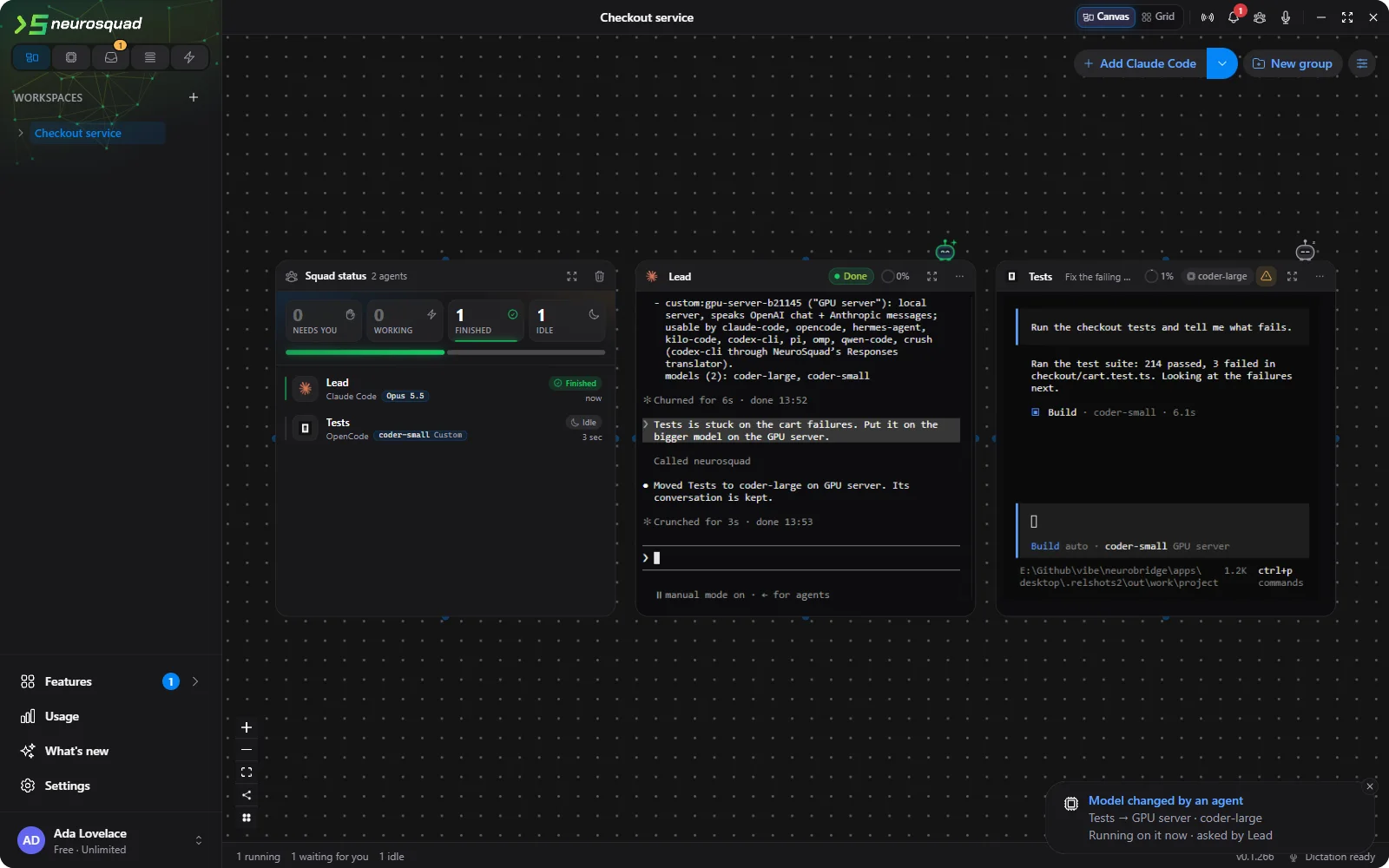 The canvas with Lead, a Claude Code terminal that answered “Moved Tests to coder-large on GPU server. Its conversation is kept.”, connected by an arrow to Tests, an OpenCode card whose header shows coder-large; bottom right the notice Model changed by an agent: Tests → GPU server · coder-large, Running on it now · asked by Lead