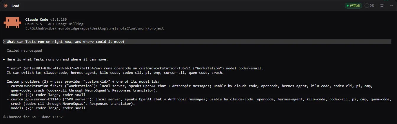 展开的 Lead 卡片:Claude Code 回复 “Here is what Tests runs on and where it can move”——Tests 通过 Workstation 运行 opencode,模型 coder-small,它可以切换到的 CLI,以及两个自定义提供方 Workstation 和 GPU server、可用的 CLI 和模型 coder-large、coder-small