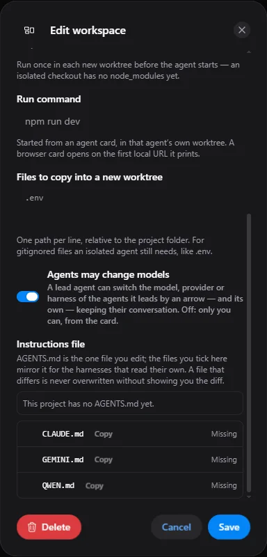 The Edit workspace dialog with the switch Agents may change models turned on and its explanation: a lead agent can switch the model, provider or harness of the agents it leads by an arrow, and its own, keeping their conversation; off, only you can, from the card