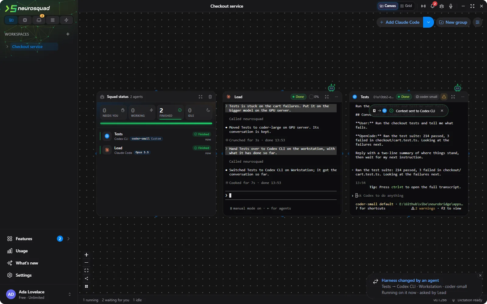 The Tests card now running Codex CLI on Workstation with coder-small: its first message is the handed-over conversation with the task and OpenCode’s earlier answer, followed by Codex’s reply; bottom right the notice Harness changed by an agent: Tests → Codex CLI · coder-small, asked by Lead