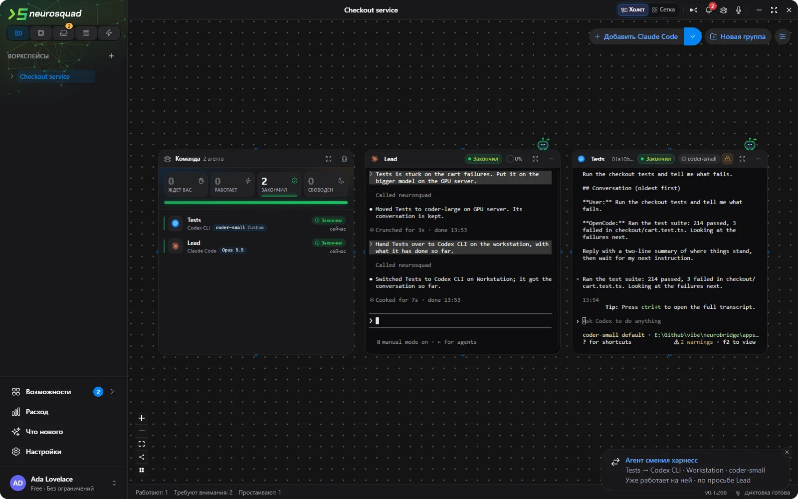 Карточка Tests теперь работает на Codex CLI через Workstation с моделью coder-small: её первое сообщение — переданный разговор с задачей и прежним ответом OpenCode, за ним ответ Codex; справа внизу уведомление «Агент сменил харнесс: Tests → Codex CLI · coder-small, по просьбе Lead»