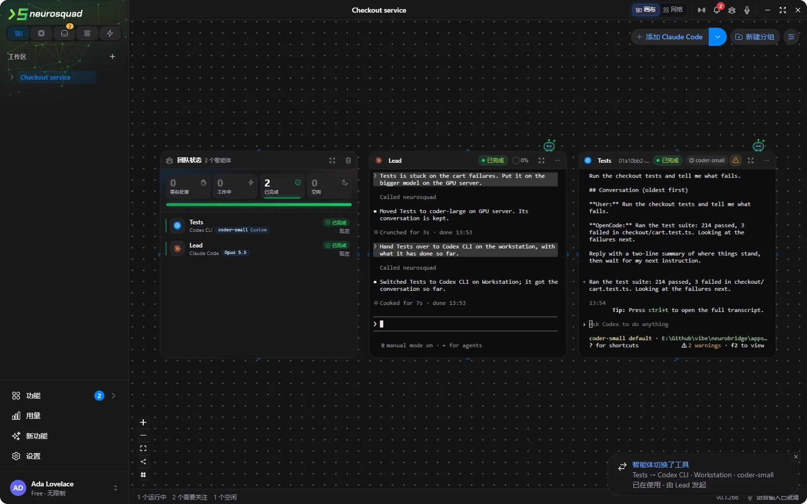 Tests 卡片现在通过 Workstation 运行 Codex CLI,模型 coder-small:第一条消息是交接过来的对话,包括任务和 OpenCode 之前的回答,随后是 Codex 的回复;右下角的通知:智能体切换了工具:Tests → Codex CLI · coder-small,由 Lead 发起
