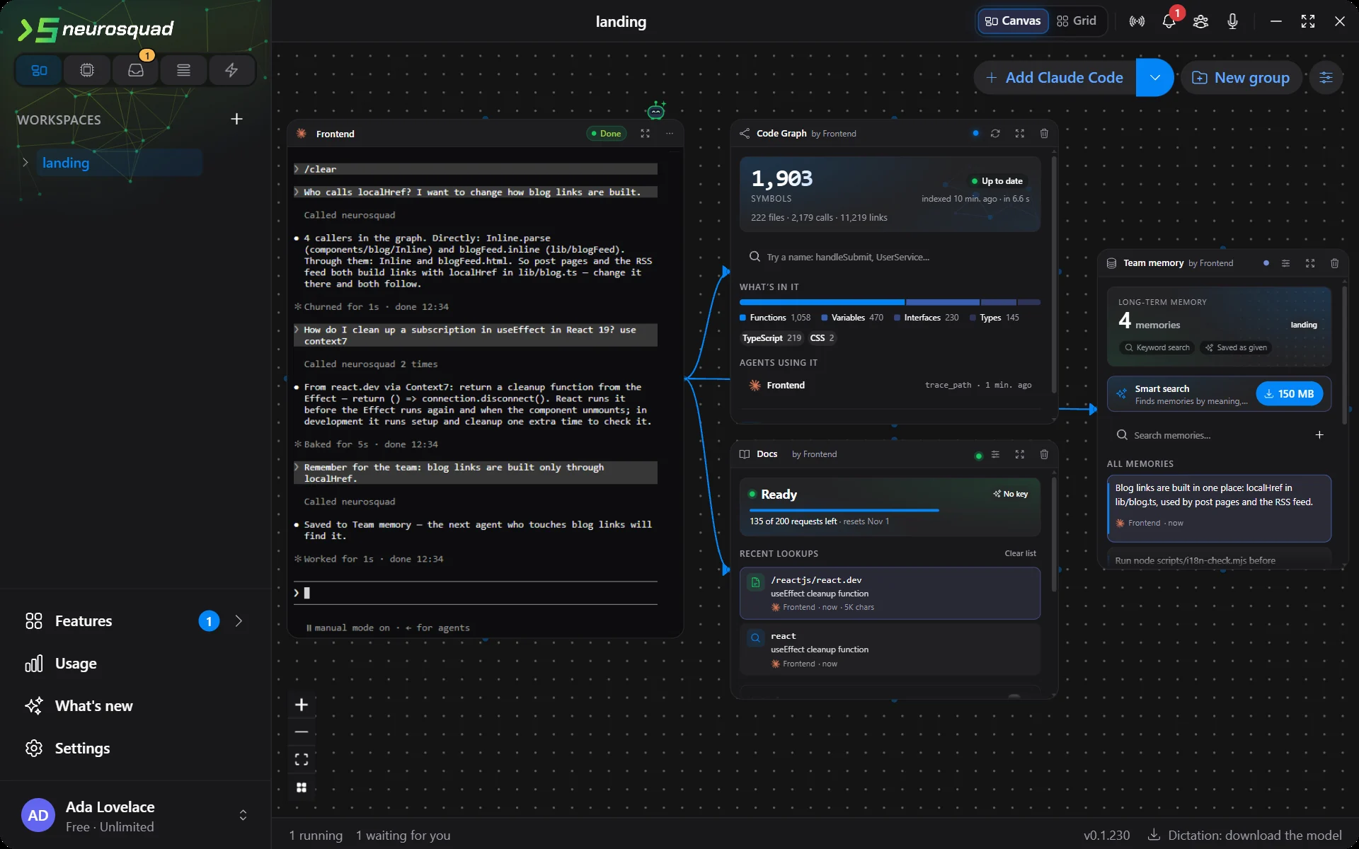 A Claude Code card with arrows to Code Graph, Docs and Team memory. The agent answers who calls localHref from the graph, answers a useEffect question from the React docs via Context7, then saves a note to Team memory
