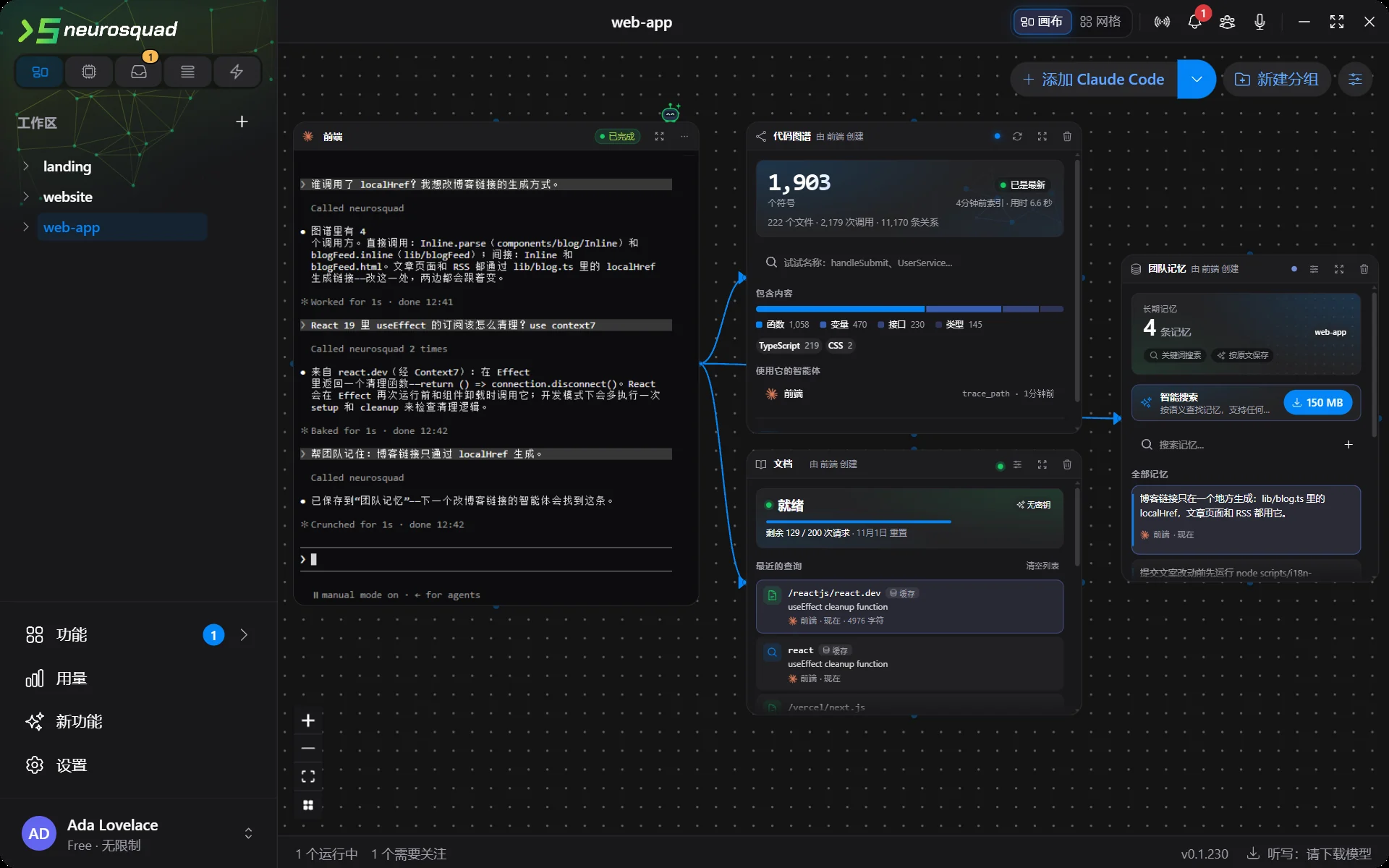 一张 Claude Code 卡片,箭头连向代码图谱、文档和团队记忆。智能体根据图谱回答谁调用了 localHref,通过 Context7 根据 React 文档回答 useEffect 的问题,然后把一条笔记存入团队记忆