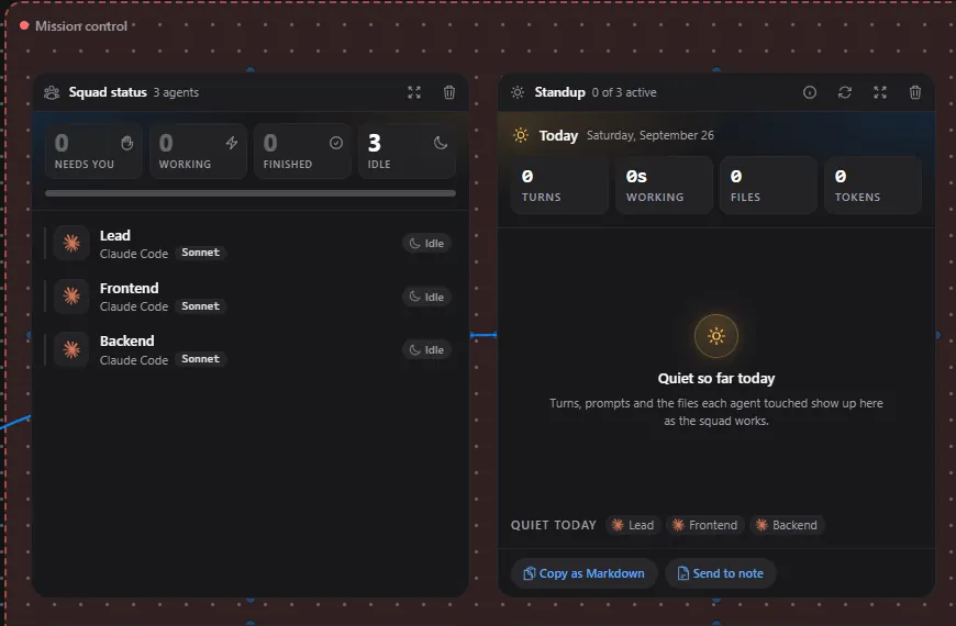 The Squad card in the Launch day workspace, listing three Claude Code agents with their status