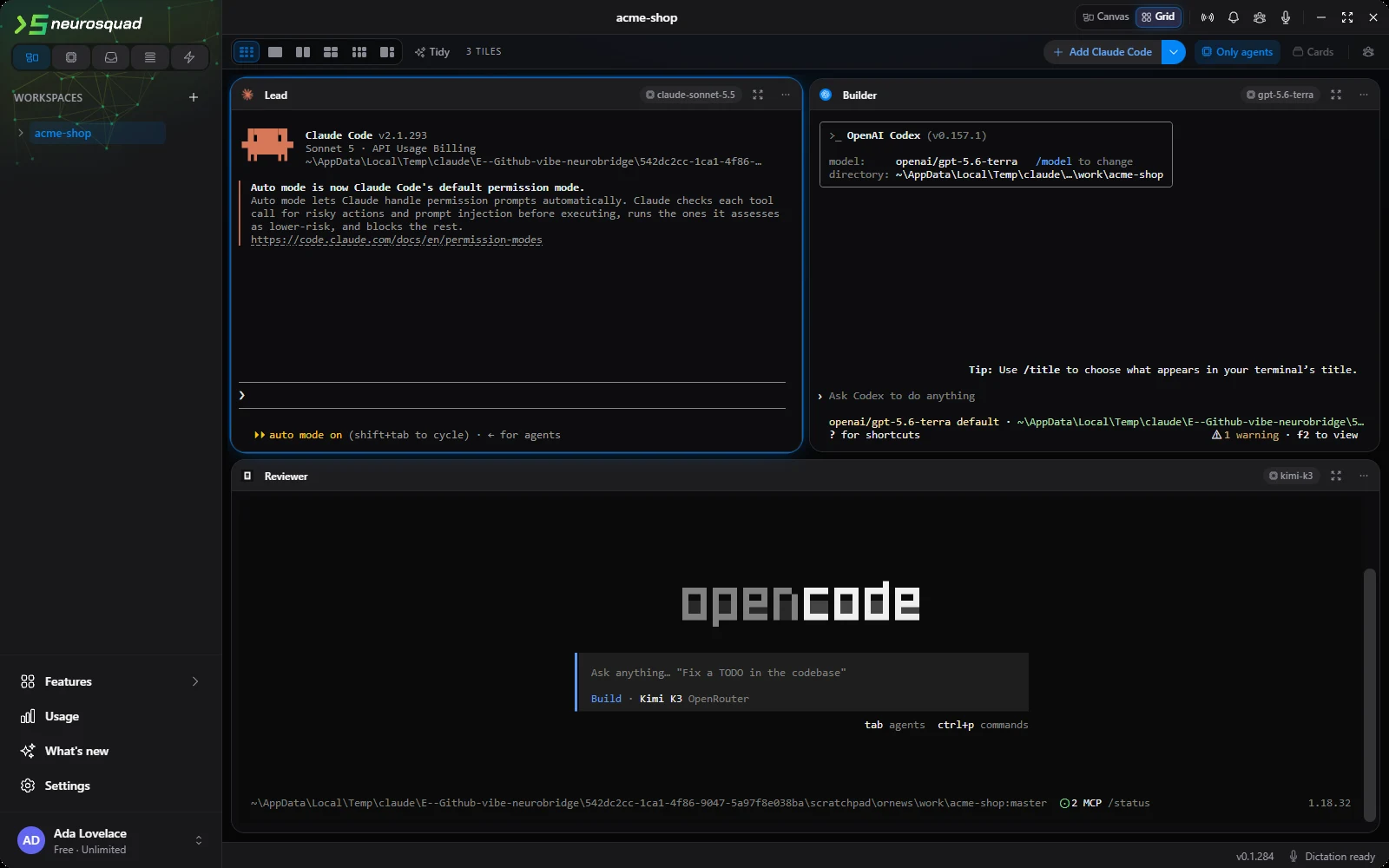 NeuroSquad’s grid mode with three agent cards: Lead (Claude Code, chip claude-sonnet-5.5), Builder (Codex CLI showing model openai/gpt-5.6-terra) and Reviewer (OpenCode showing Kimi K3 OpenRouter)