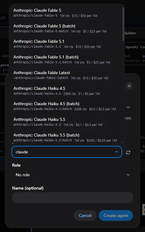 The New agent dialog with the model search open: typing “claude” lists Anthropic models from the OpenRouter catalogue, each with its slug, a 1M or 200K context and a price per million tokens