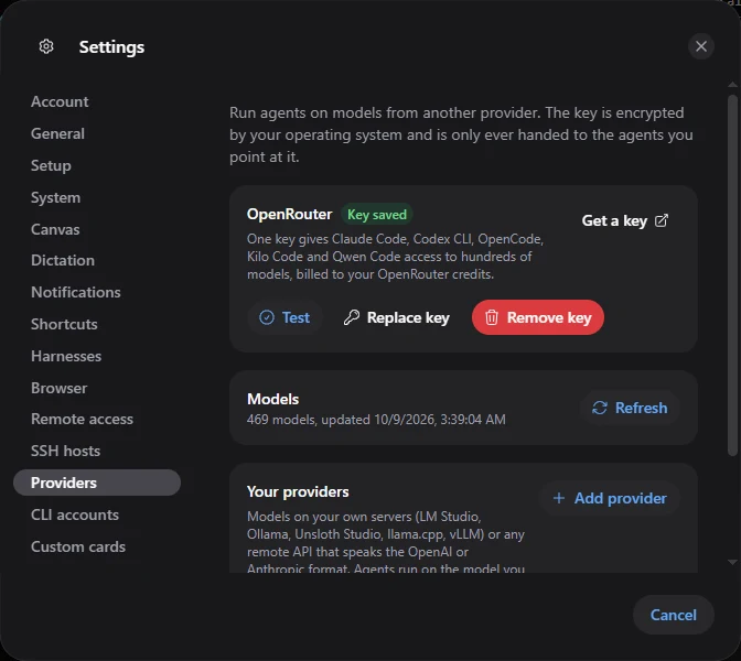 Settings → Providers: the OpenRouter block with a “Key saved” badge, Test, Replace key and Remove key buttons, and the Models block with 469 models and a Refresh button