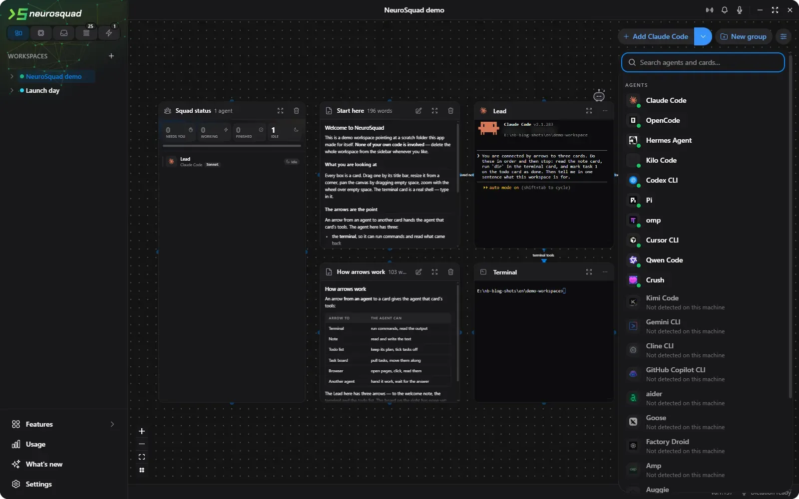 The add-card menu: agent CLIs first, with a search box and installed ones marked