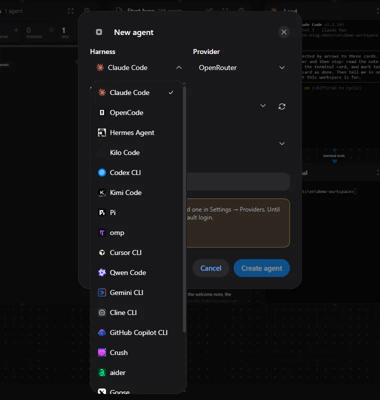 The New agent dialog with the list of agent CLIs open