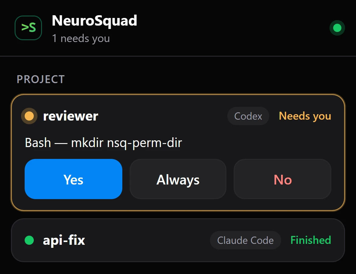 Страница nsq на телефоне: «1 needs you», агент reviewer на Codex просит запустить «Bash — mkdir nsq-perm-dir», кнопки Yes, Always и No, агент api-fix на Claude Code закончил