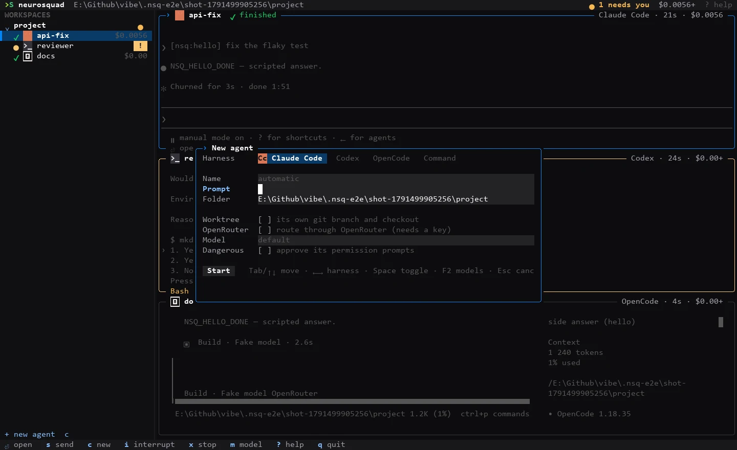 The nsq “New agent” dialog over the grid: harness tabs Claude Code, Codex, OpenCode and Command, then name, prompt, folder, and checkboxes for its own worktree, OpenRouter and dangerous mode, with a Start button