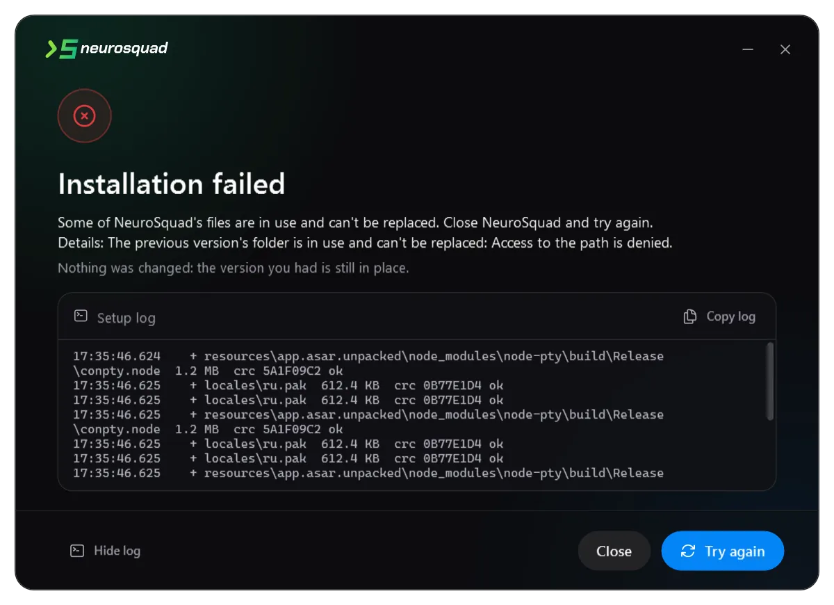 An installation that could not replace a file: the error, the log, and a note that the previous version is still in place