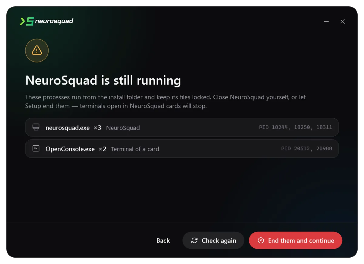 The installer listing what holds the install folder: neurosquad.exe and OpenConsole.exe with their PIDs