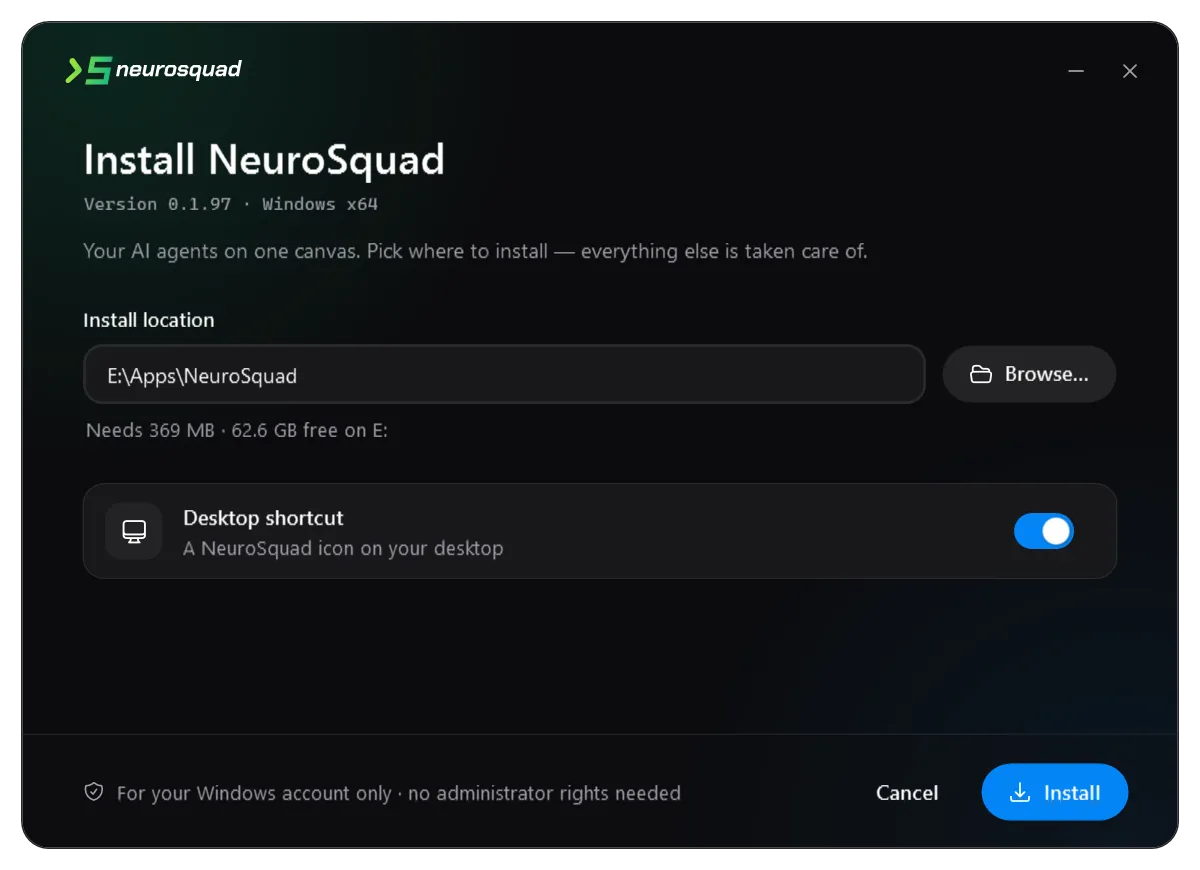 The NeuroSquad installer window: choosing the install folder, with the desktop shortcut option