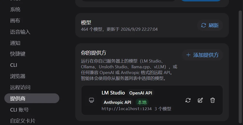 设置中的“提供商”:“你的提供方”一节列出 localhost:1234 上的 LM Studio,支持 OpenAI 和 Anthropic API,共 3 个模型