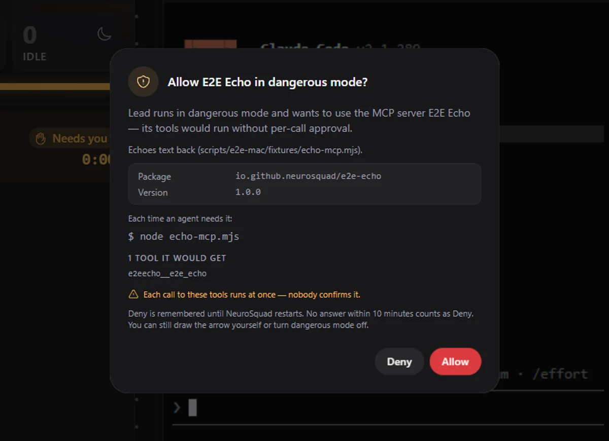 The dialog Allow E2E Echo in dangerous mode?: Lead runs in dangerous mode and wants to use the MCP server E2E Echo — its tools would run without per-call approval. Below, the package and version, the launch command node echo-mcp.mjs, the one tool it would get, a warning that each call runs at once, and the buttons Deny and Allow