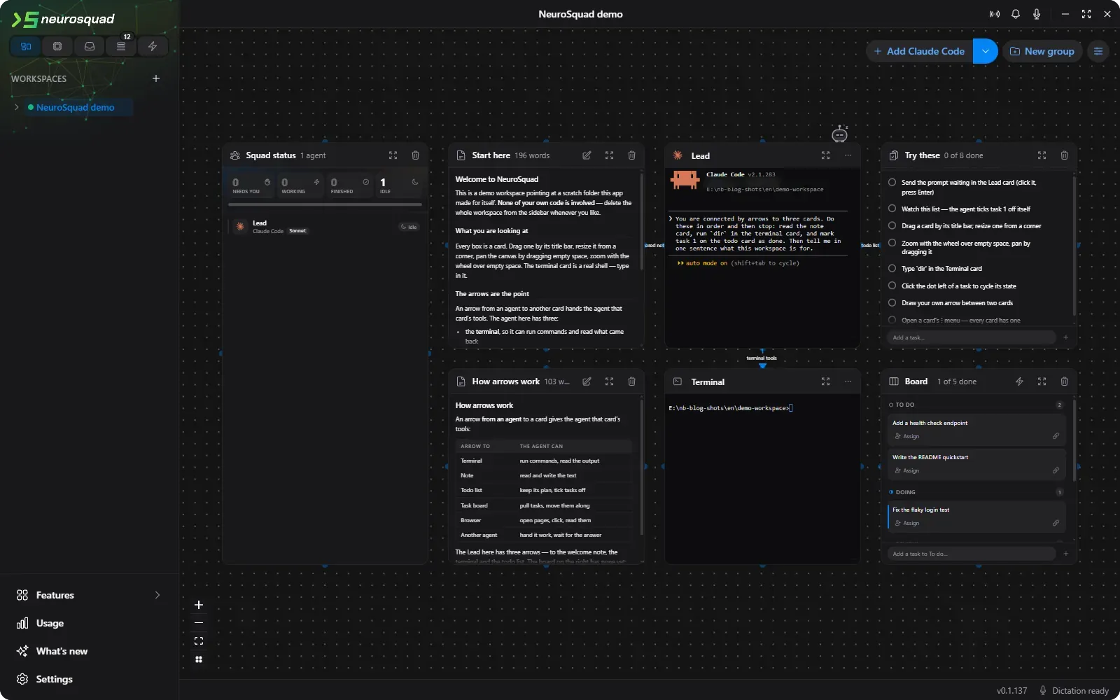 The demo workspace in NeuroSquad: an agent card in the middle, with arrows to a terminal, a note and a to-do list